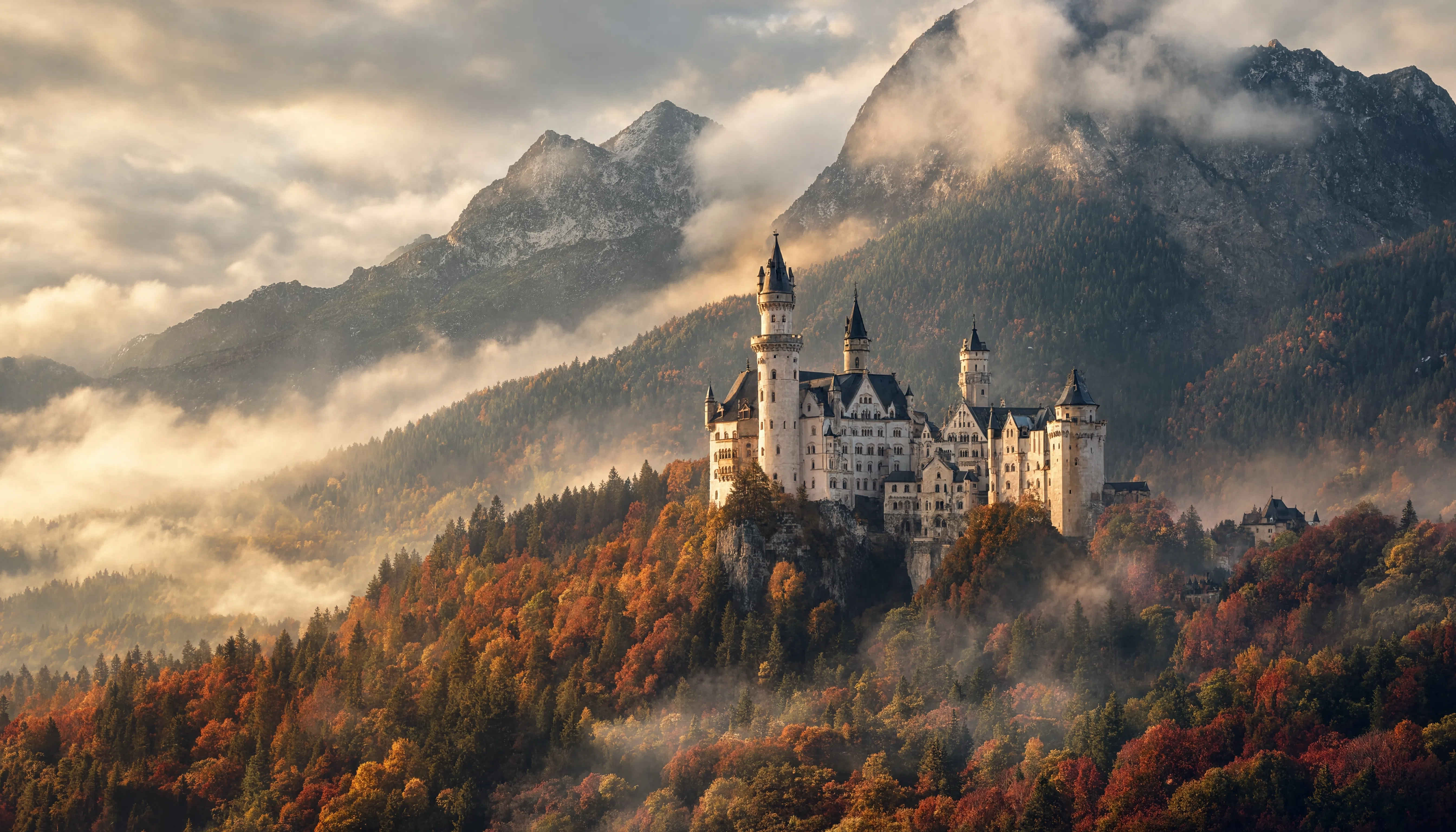 Schloss Neuschwanstein im Herbstnebel über dem bayerischen Alpenvorland